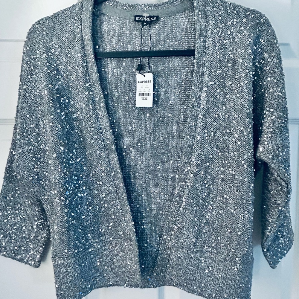 NWT Vintage Express Sparkling Gray Silver Open front Cardigan XS Sequins Y2k